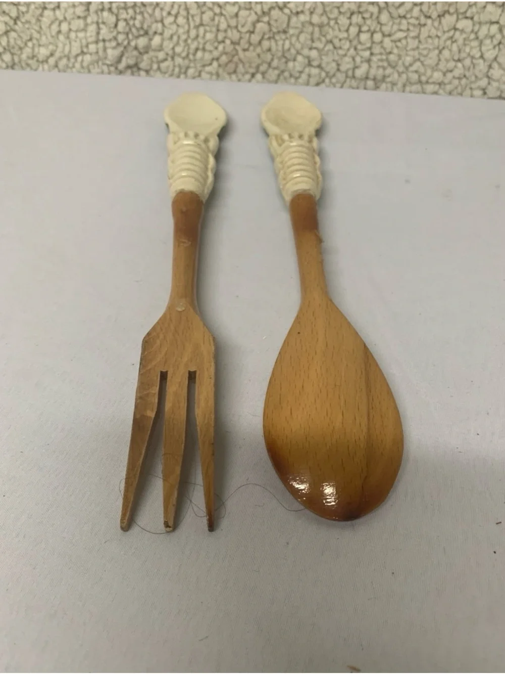 Hand-Painted Ceramic-Top Wooden Salad Fork and Spoon - Green Floral